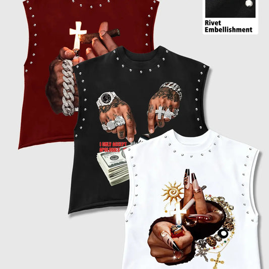 Unisex High Street Casual Rivet Sleeveless Vest, Vintage Hip Hop Graphic Top, Round Neck Wide Shoulder, Loose Fit, Relaxed Fit for All Body Types