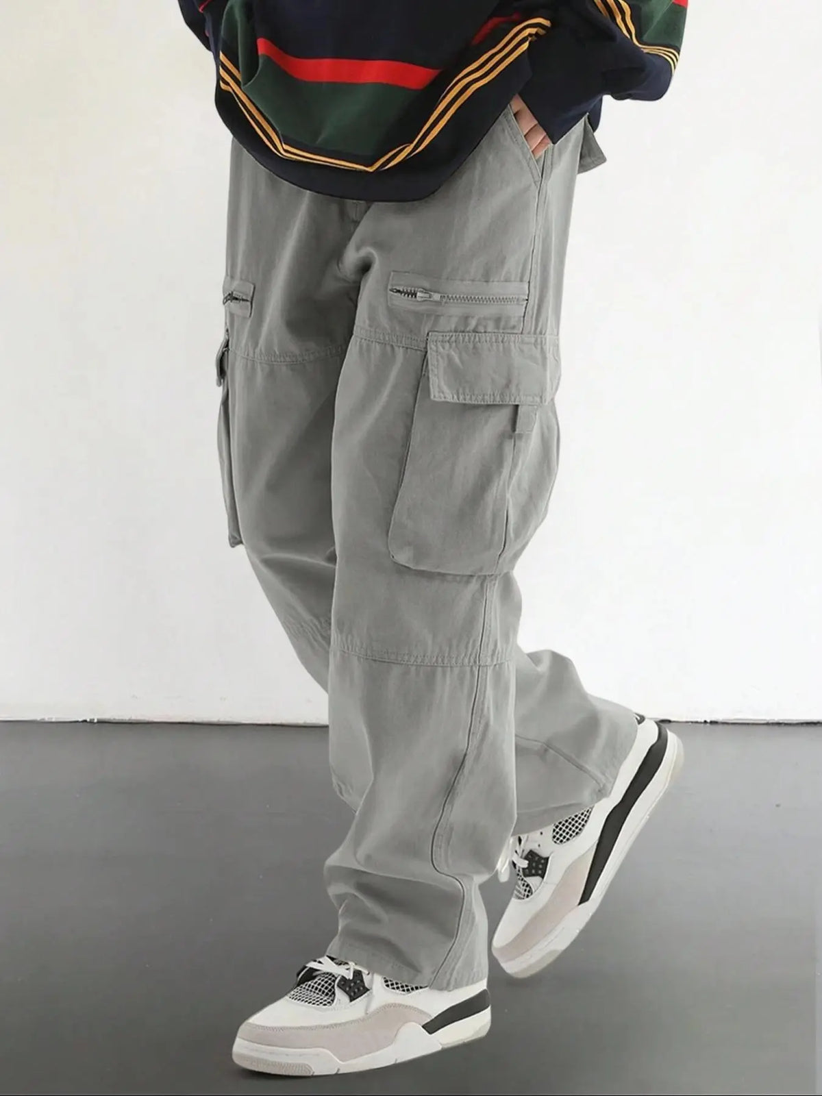 Men's Plain Loose Fitting Drawstring Waist Casual Cargo Pants, Loose Street Fashion Zipper Casual Slant Pocket Trousers, Pants for Men, Summer Work Outfits, Men's Bottoms, Casual Streetwear Trousers, Adjustable Waist Pants