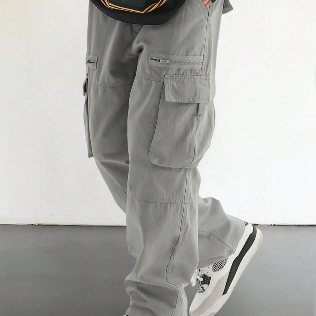 Men's Plain Loose Fitting Drawstring Waist Casual Cargo Pants, Loose Street Fashion Zipper Casual Slant Pocket Trousers, Pants for Men, Summer Work Outfits, Men's Bottoms, Casual Streetwear Trousers, Adjustable Waist Pants