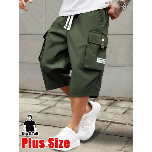 Men'S Plus Size Summer Lightweight Cargo Pants Casual Cargo Style with Drawstring Waist, Large Pockets & Letter Patch, Solid Color Regular Fit for Casual Attire & Outdoor Activities, PLUS SIZE,father'sdaygifts