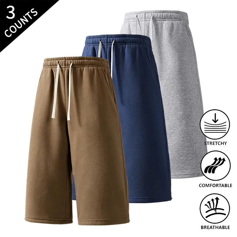 Men's 3-Pack Baggy Fit Sweat Shorts, 7/8 Knee-High Length, Elastic Drawstring, Plain Casual Menswear for Summer Everyday Wear