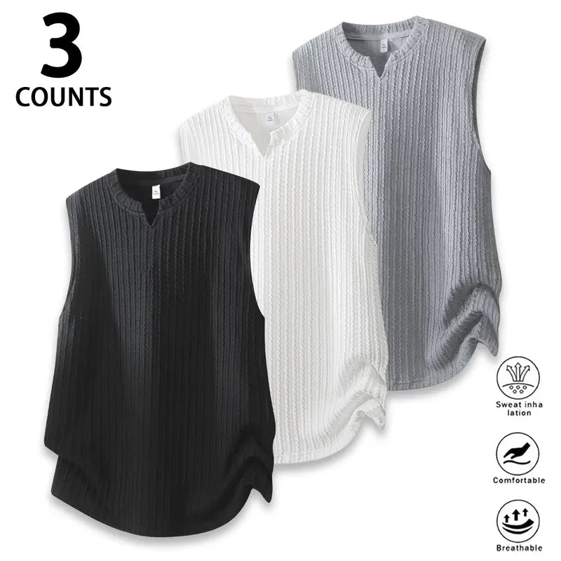 Men's Casual Cutout Sleeveless Deep-Neck Vest - Vertical Textured Wrinkle Half-Open Premium Breathable Soft Draping Loose Oversized Tank Top for Daily Casual Wear, Menswear Apparel