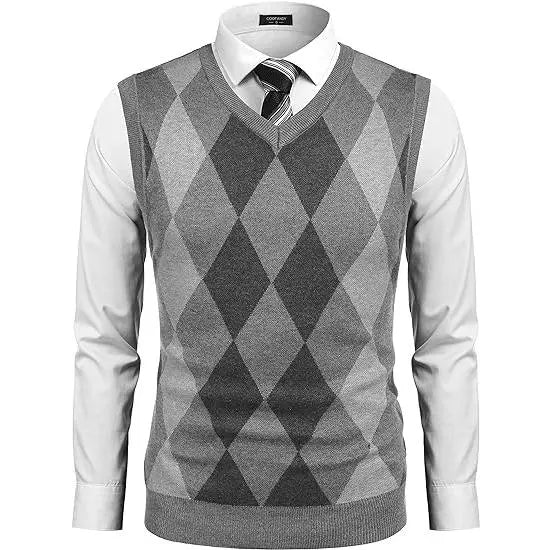 Fall Outfits Men's V-Neck Sleeveless Argyle Sweater Vest Slim Fit Casual Knitted Pullover for Spring Autumn Winter Office Wear & Party Events