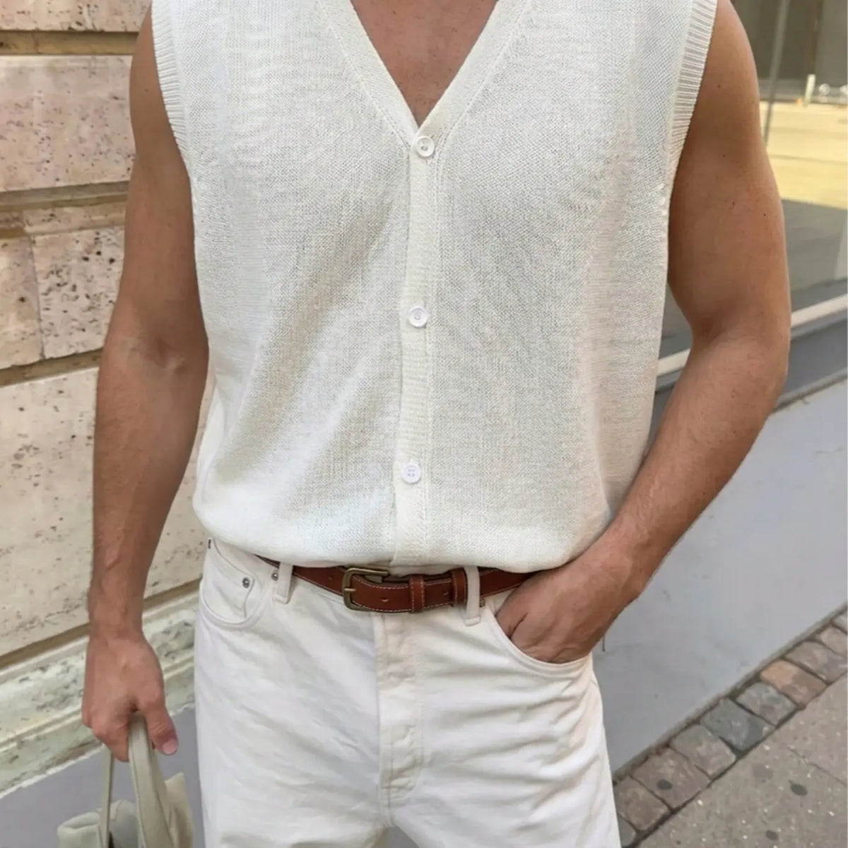 Spring Summer Loose Comfortable Breathable V-Neck Cardigan, Solid Color Knit Top, Sleeveless Vest, Unisex Neutral Style