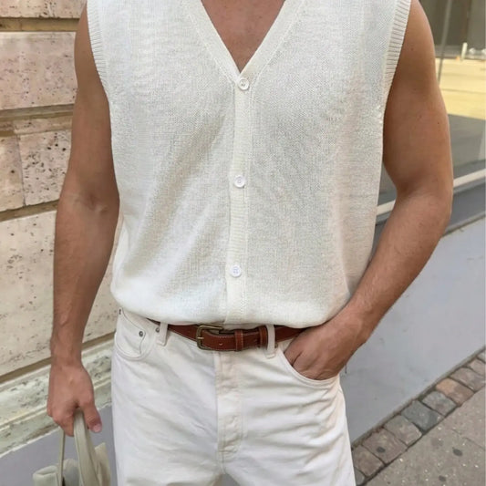 Spring Summer Loose Comfortable Breathable V-Neck Cardigan, Solid Color Knit Top, Sleeveless Vest, Unisex Neutral Style