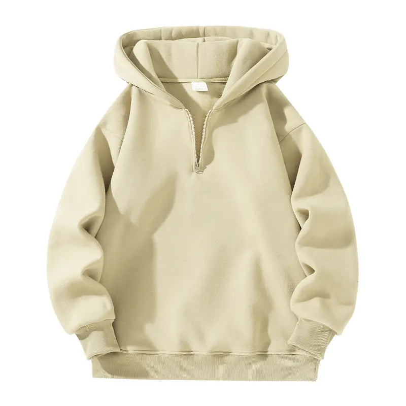 Men’s essential half-zip long-sleeve hoodie — solid color, comfortable, relaxed drop-shoulder fit, loose silhouette, casual street style, 100% polyester fiber, suitable for autumn, modern fashionable men’s top, solid-color men’s sweatshirt
