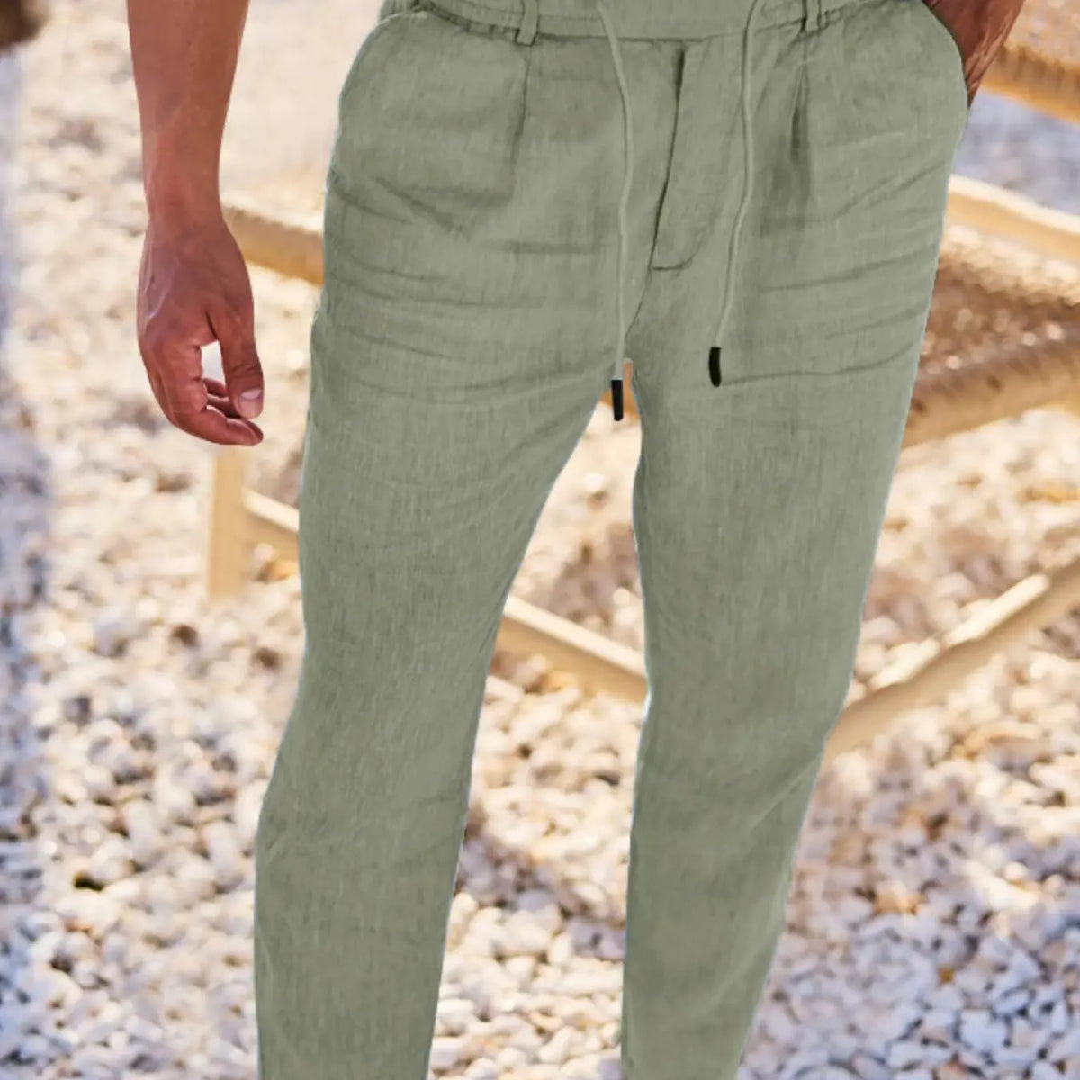 Men's Linen Pants, Fashion Trousers, Pocket Drawstring Solid Color Plain Hip Hop Beach Sports Wide Leg Long Pants, Comfortable Versatile All-Season Wear