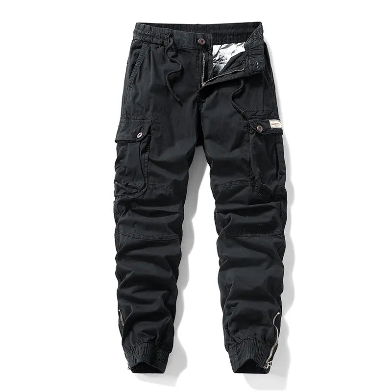Men's Loose Casual Cargo Pants - Black Menswear with Drawstring Cuffs, Multiple Pockets, Drawstring Fit, Stylish Retro Casual Edge, All Seasons, Back to School First Day Outfits