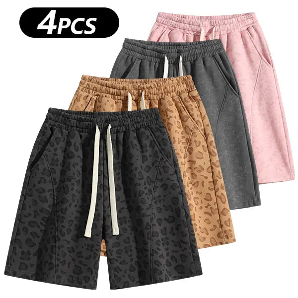 Men's Cotton Blend Sweat Shorts Casual Athletic Lounge, Loose Fit Drawstring with Pockets, Leopard Print Acid Wash, for Summer Workouts, Streetwear & Gym-to-Lounge