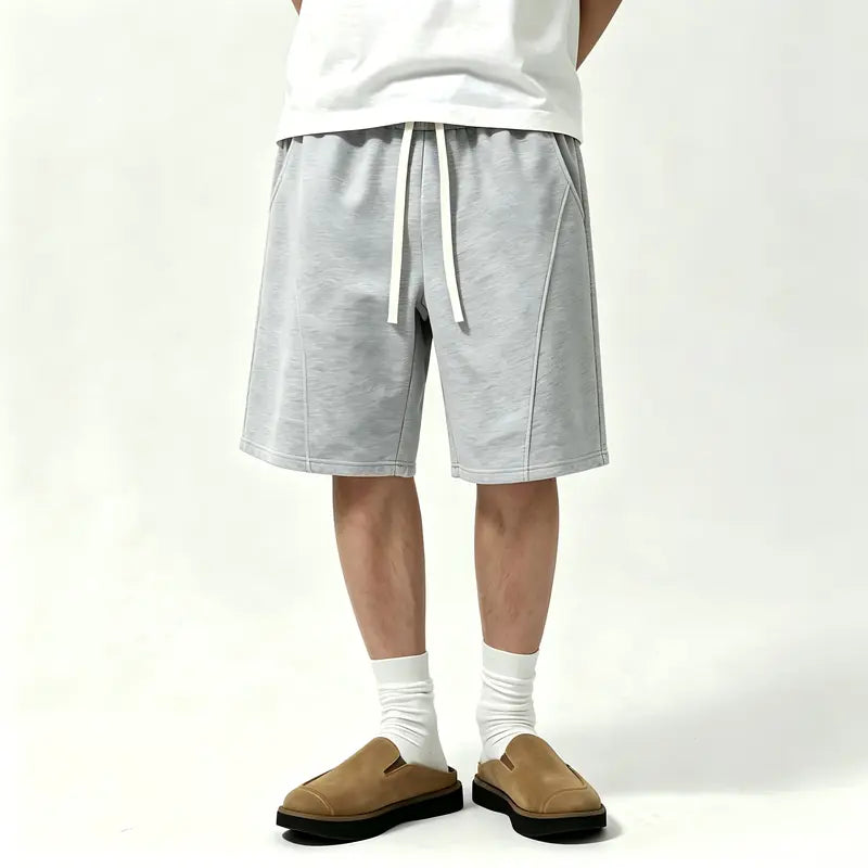Men's Cotton-Polyester Knitting Fabric 7-in H-Type Cut Loose Active Sweat Shorts - Plain, Soft, Breathable, Anti-Wrinkle, Sweat-Absorbing Above-the-Knee Summer Casual Menswear Bottoms