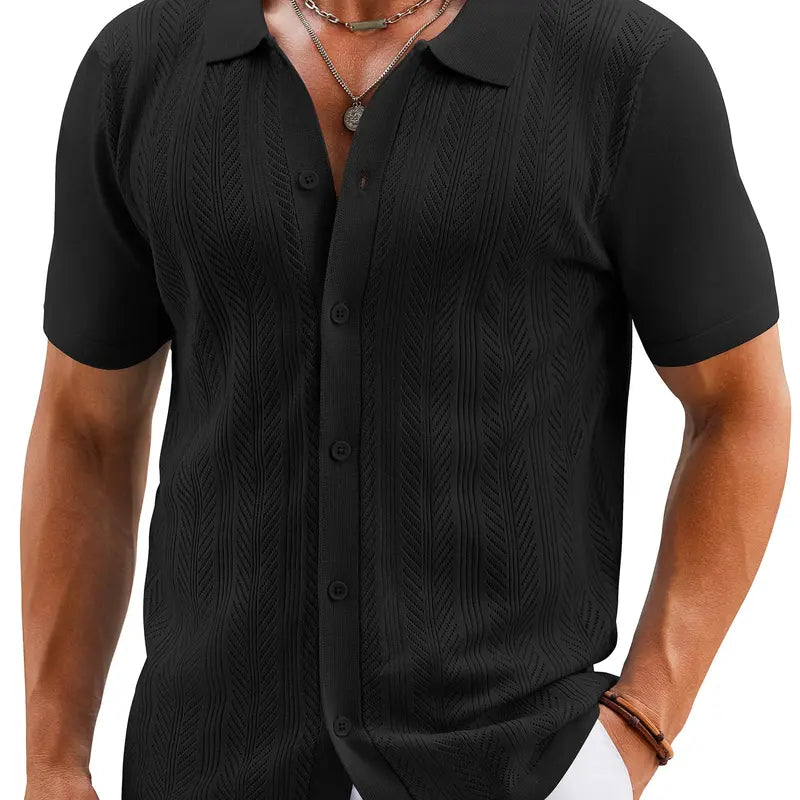COOFANDY Mens Knit Button Down Shirts Short Sleeve Vintage Polo Shirt Casual Vacation Beach Shirts