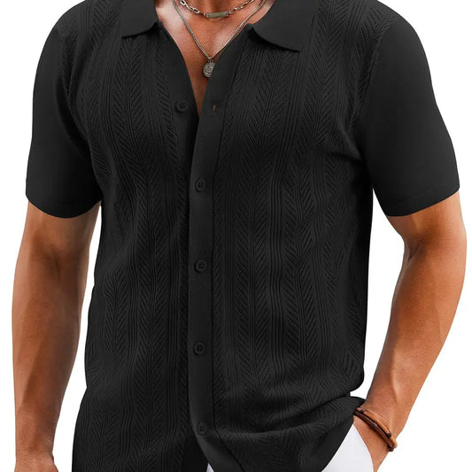 COOFANDY Mens Knit Button Down Shirts Short Sleeve Vintage Polo Shirt Casual Vacation Beach Shirts
