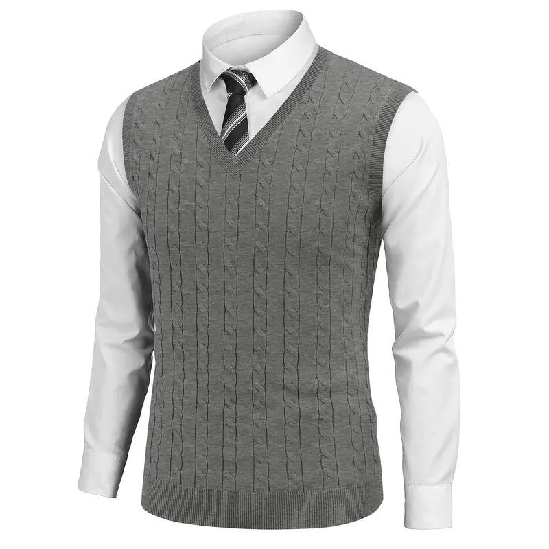COOFANDY Menswear Men's V-Neck Slim-Fit Ribbed Cable-Knitted Sleeveless Pullover Sweater Vest, Stretchable Soft Lightweight Polyester Fabric, Machine Washable US Sizes, Formal-Casual Thermal Tops for Business Office