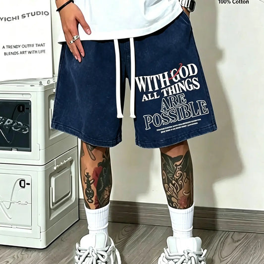 Men's Vintage Washed Shorts, 100% Cotton Drawstring Oversized Loose Fit, Christian Inspirational Streetwear, All over Print, Casual Five-Pocket Pants