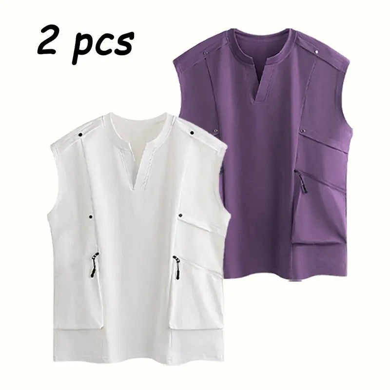 Men's Chic Cargo Vest - Casual Loose-Fit Polyester Sleeveless Top with Stand Collar, V-Neck, Stud Accents, Zipper Pockets
