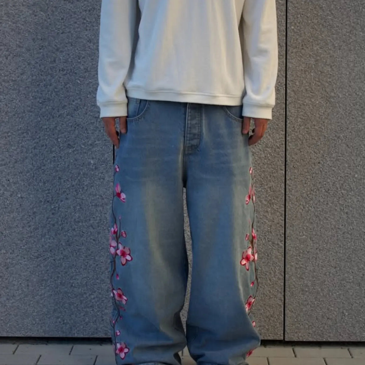 New Traditional Style Men's Wide Leg Baggy Denim Jeans, Embroidered Denim Jeans, Washed Light Blue, Side Floral Embroidery, Straight Fit Long Pants, Trendy Casual Fashion