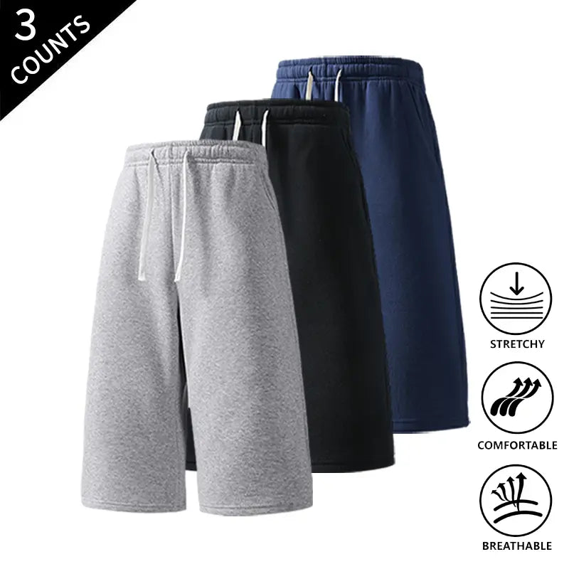 Men's 3-Pack Baggy Fit Sweat Shorts, 7/8 Knee-High Length, Elastic Drawstring, Plain Casual Menswear for Summer Everyday Wear