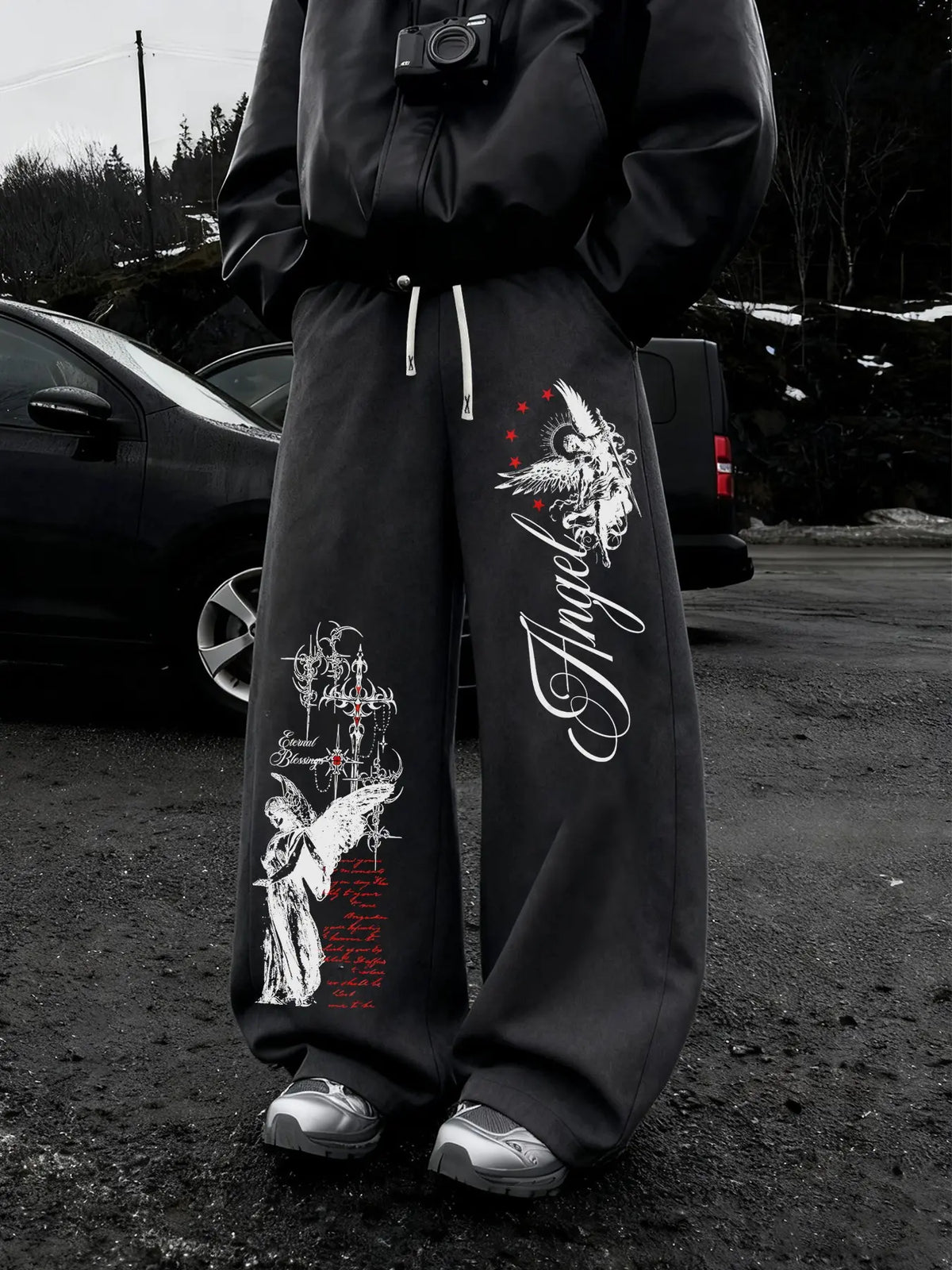 Dark Punk Angel Sword Printed Wide Leg Pants, High Street Drawstring Loose Straight Leg Sweatpants, Casual Lounge Pants for Men and Women, Unisex Spring & Fall Casual Fitted, Casual Streetwear Trousers, Autumn Casual Pants