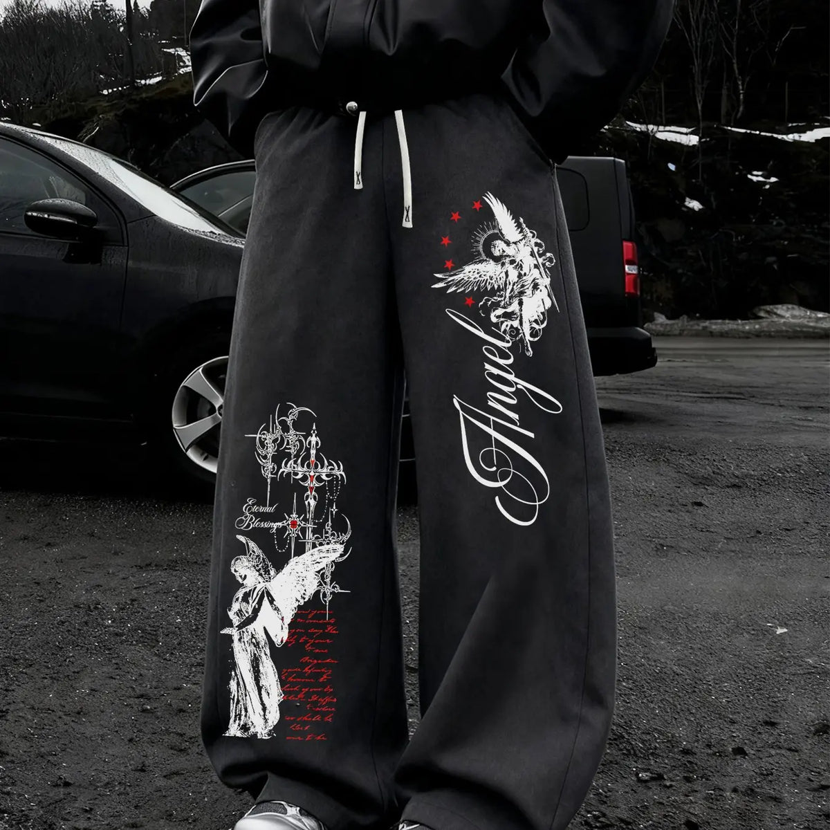 Dark Punk Angel Sword Printed Wide Leg Pants, High Street Drawstring Loose Straight Leg Sweatpants, Casual Lounge Pants for Men and Women, Unisex Spring & Fall Casual Fitted, Casual Streetwear Trousers, Autumn Casual Pants
