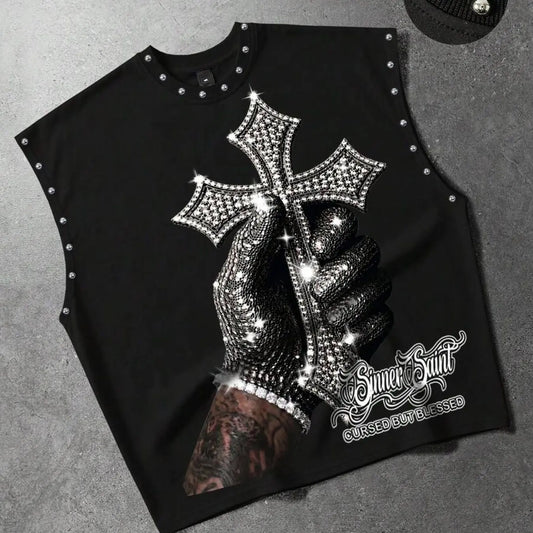 Fully rhinestone shimmering effect gloves, tattooed arms, cross pattern printed Sleeveless Graphic Vest with metal rivet trim, men's vest, black, loose fit, crew neck, casual street style, dark trend, versatile for everyday wear.