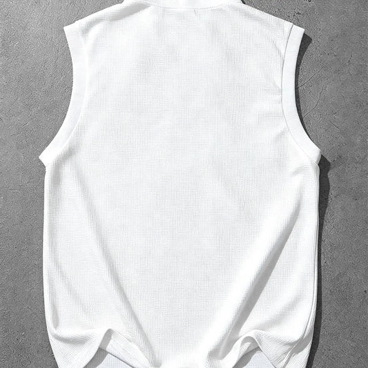 Unisex Waffle Texture Sleeveless Top, Asymmetrical Lapel Small Stand Collar, Slim Fit Simple Casual Vest, Pure Color Design, Tight Vest Top