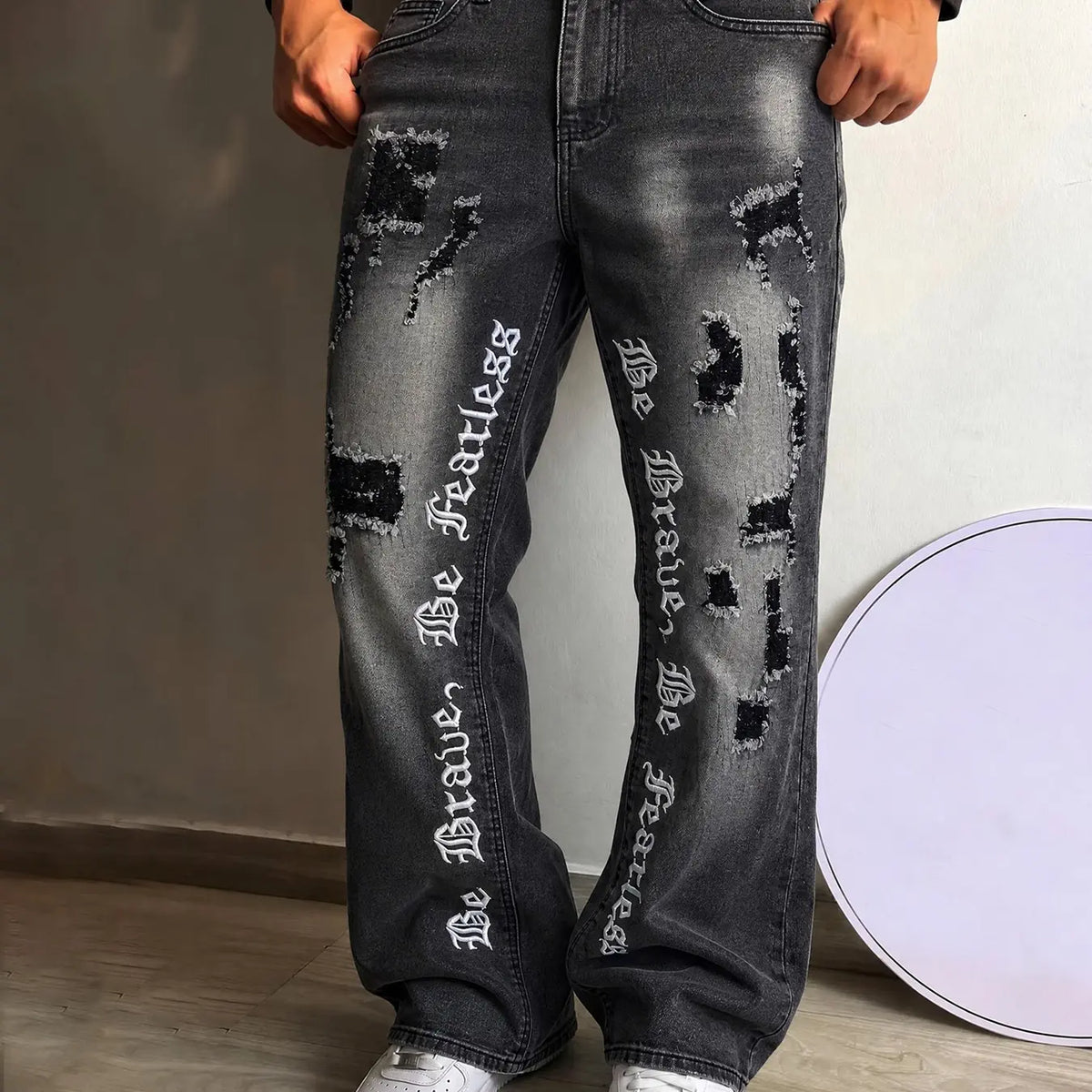 Men's Embroidered Jeans, Micro Flare Denim Jeans, Letter Stitching, Tight Fit, Ripped Bell Bottoms, Washed Y2K Streetwear Style, All Seasons, Pants