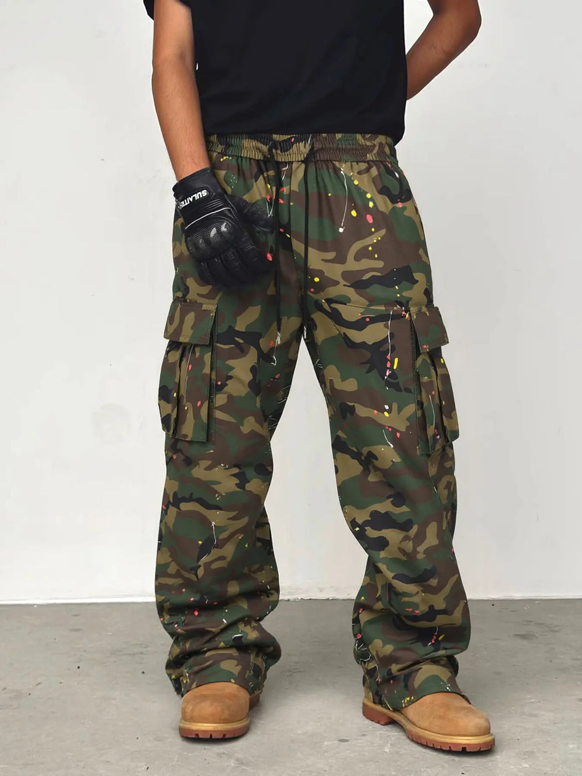 Unisex Regular Fit Flared Camo Print Camouflage Drawstring Waist Cargo Pants, Men's Street Fashion Casual Cargo Style Fashionable Pocket Trousers For Daily Wear, Fashion Men's Bottoms For All Seasons, Casual Streetwear Trousers, Streetwear Clothing