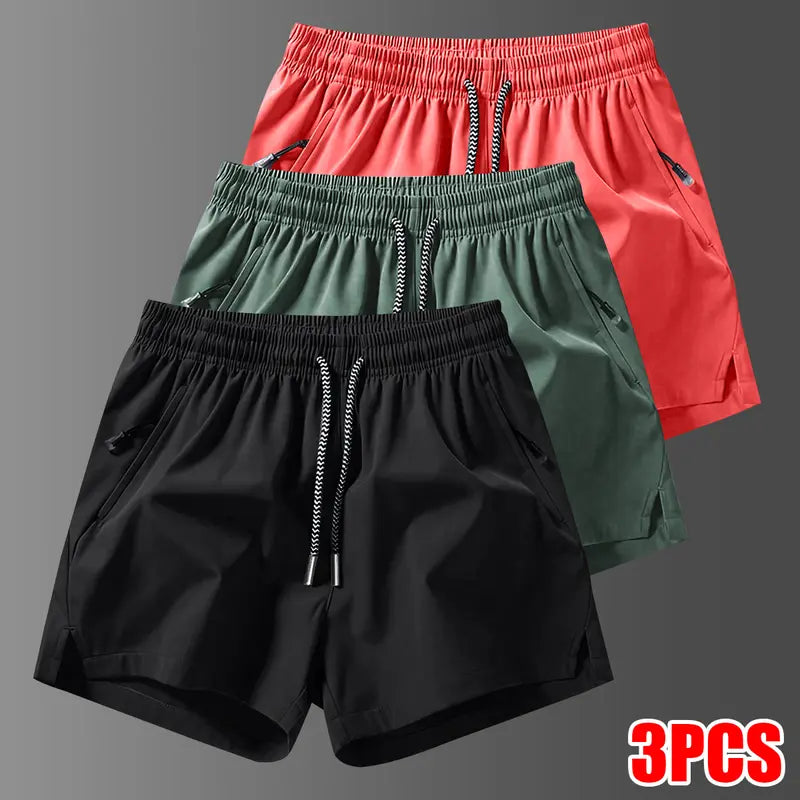 Men's 3-Counts Plain Solid Drawstring Shorts - Male Clothing, Drawstring Hold Fit, Casual Athletic Men's Shorts, Zipper Pockets, Chic Preppy Fitted Cut, Breathable Elastic Waist, Machine Washable Athleisure Bottoms, Athleisure to Beach