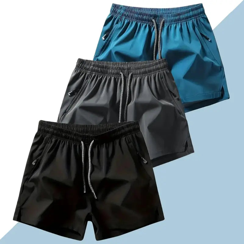 Men's 3-Counts Plain Solid Drawstring Shorts - Male Clothing, Drawstring Hold Fit, Casual Athletic Men's Shorts, Zipper Pockets, Chic Preppy Fitted Cut, Breathable Elastic Waist, Machine Washable Athleisure Bottoms, Athleisure to Beach