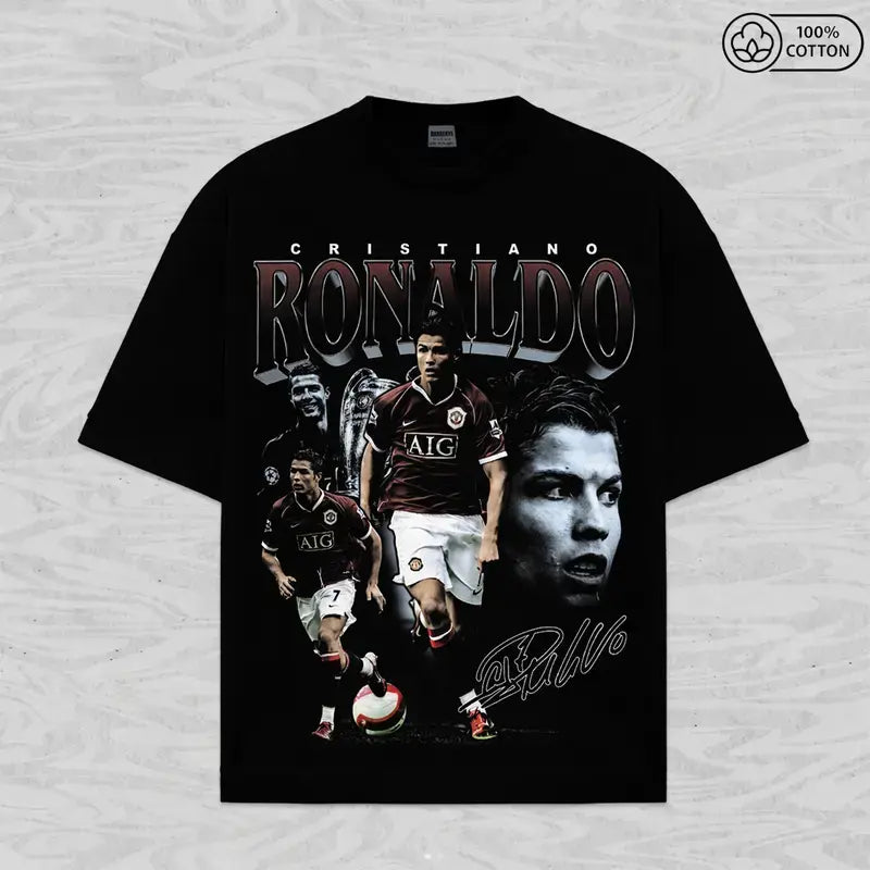 Men's 100% Cotton Ronaldo Print Graphic Tshirt - Stylish Casual Menswear, Comfortable Round Neck Short-Sleeve Fabric Top, Spring-Fall Outdoor Sports Clothing, Birthday Gift for Him
