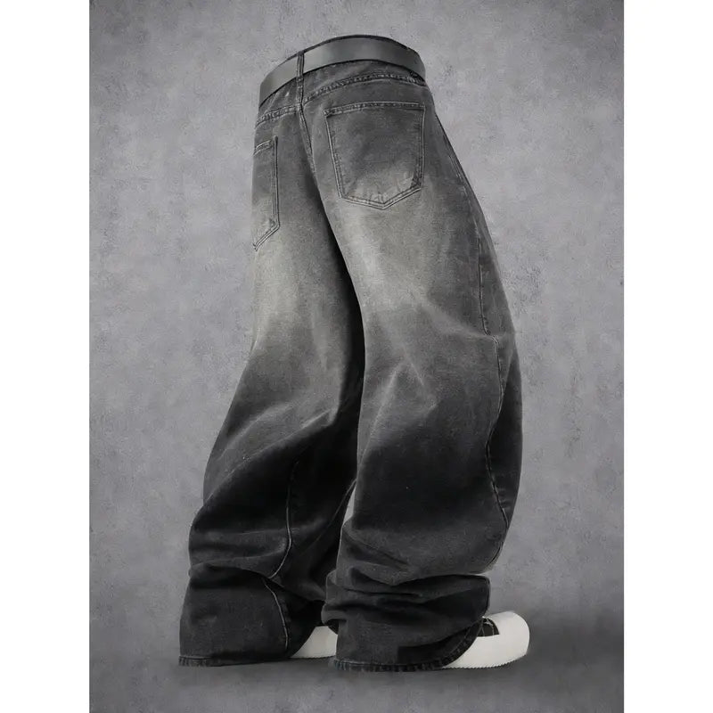 Men's Y2K Distressed Flame Baggy Jeans - Menswear Retro Casual Swag Clothes Products, Vintage Washed Black Denim, Frayed Patchwork, Streetwear Wide Leg Pants for Concert, Festival