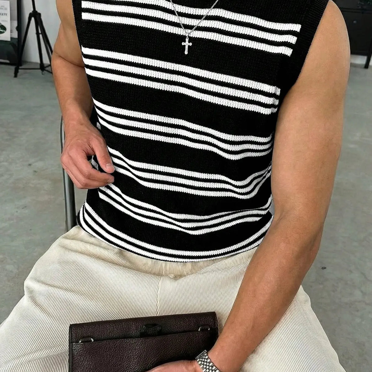Men's Striped Colorblock Knit Tank Top Vest, Summer Thin Casual Streetwear, Fitted Short Sleeveless Graphic Sweater, Trendy Fashion Apparel, Menswear, Knitted Vest