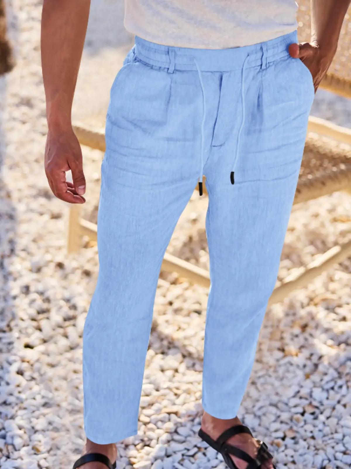 Men's Linen Pants, Fashion Trousers, Pocket Drawstring Solid Color Plain Hip Hop Beach Sports Wide Leg Long Pants, Comfortable Versatile All-Season Wear
