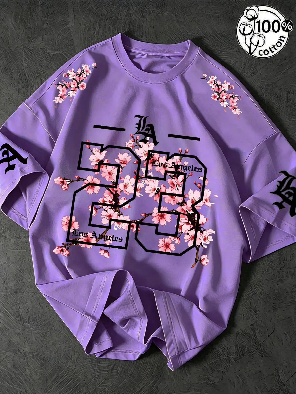Unisex 100% Cotton Oversized Round Neck Aesthetic T-Shirt, Los Angeles 23 Gothic Cherry Blossom Print, Y2K Streetwear Top