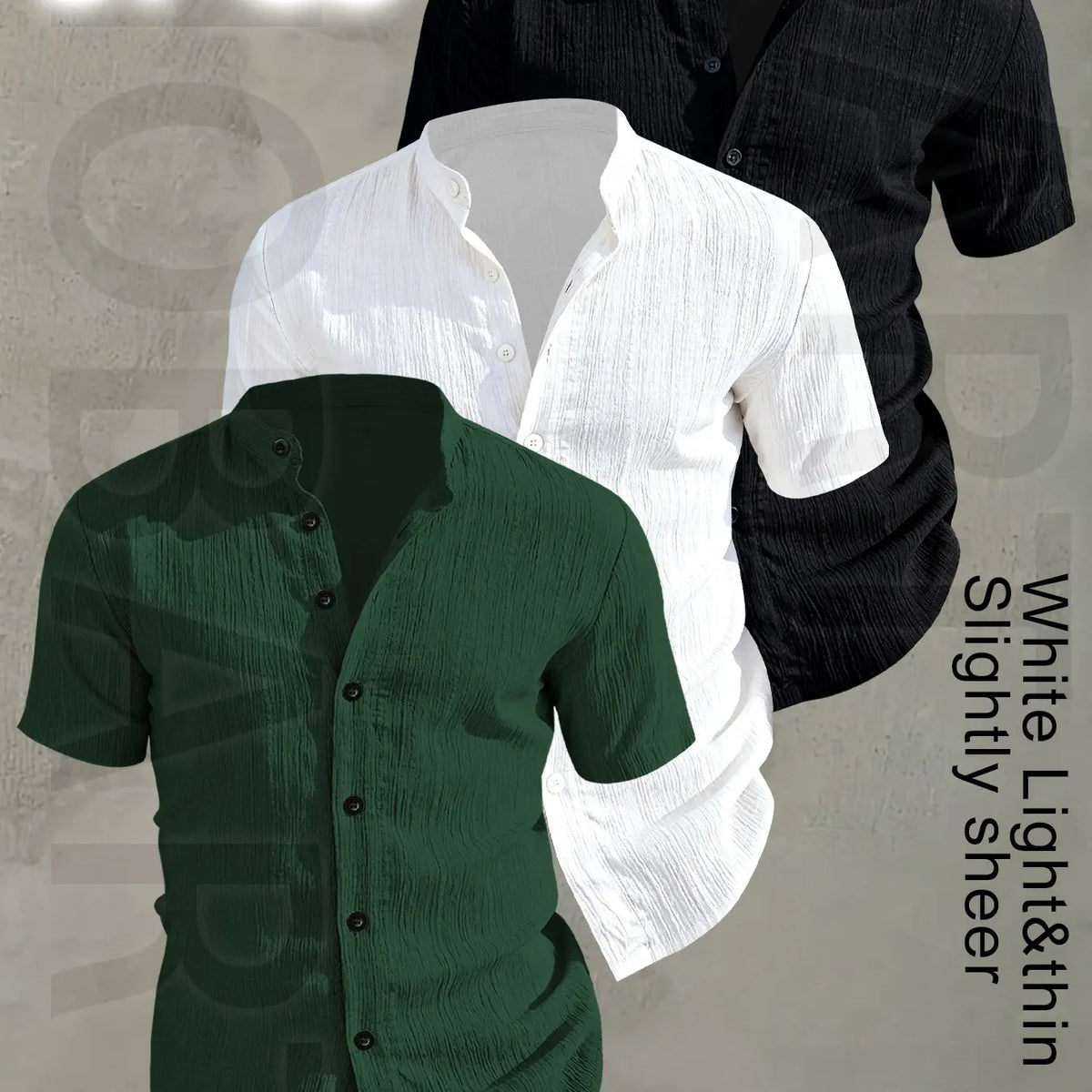 3pcs Set Men's Summer Short Sleeve - Lightweight Breathable Plain Color Button-Up Casual Shirt with Stand Collar, Low-cut collar designr Beach Vacation, Pool Party & Casual Attire, Beach Shirt, Collared Fitted Shirt, gift for husband