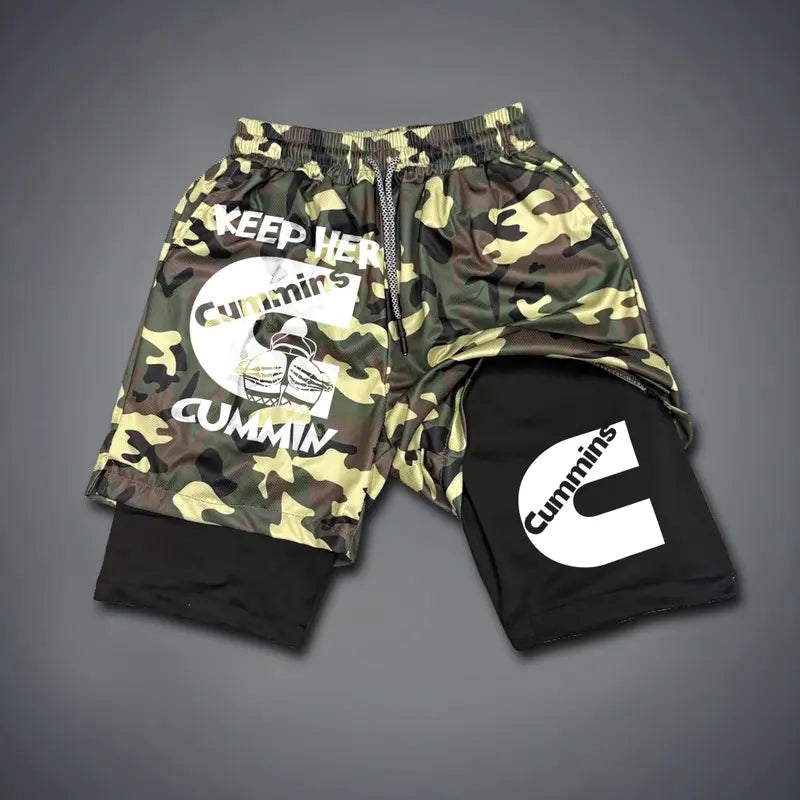 Men's Double-Layer Graphic Shorts - Black, Camo - Streetwear, Vacation Outfits - Bottoms for Menswear Ensembles