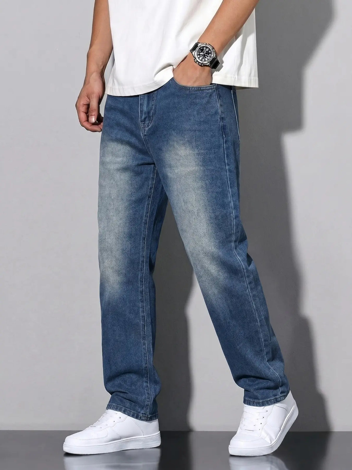 Unisex Solid Color Plain Minimalist Straight-Leg Jeans with Slant Pockets, Cotton Jeans, Casual Versatile Washed Denim Pants, Couple Straight Fit Trousers