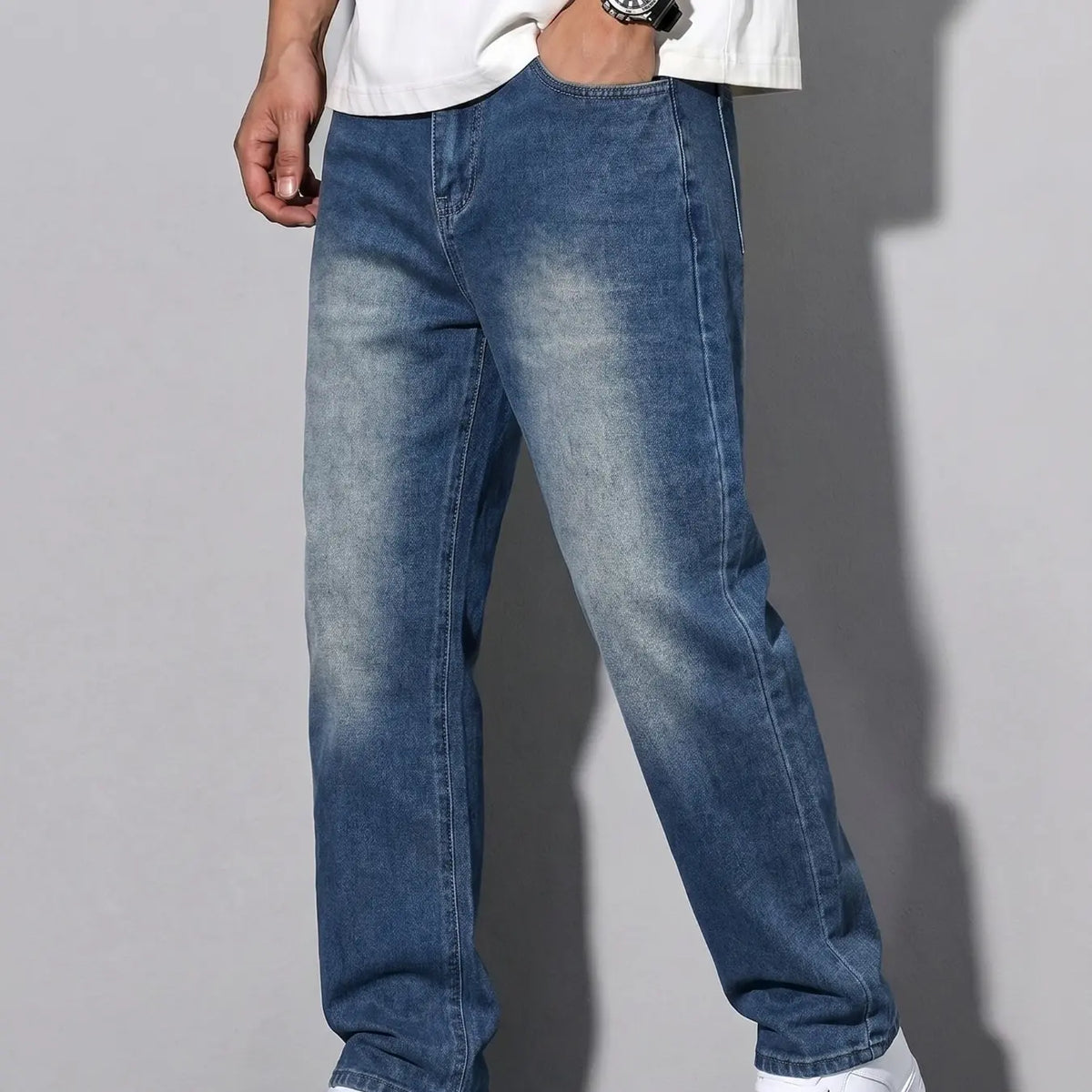 Unisex Solid Color Plain Minimalist Straight-Leg Jeans with Slant Pockets, Cotton Jeans, Casual Versatile Washed Denim Pants, Couple Straight Fit Trousers