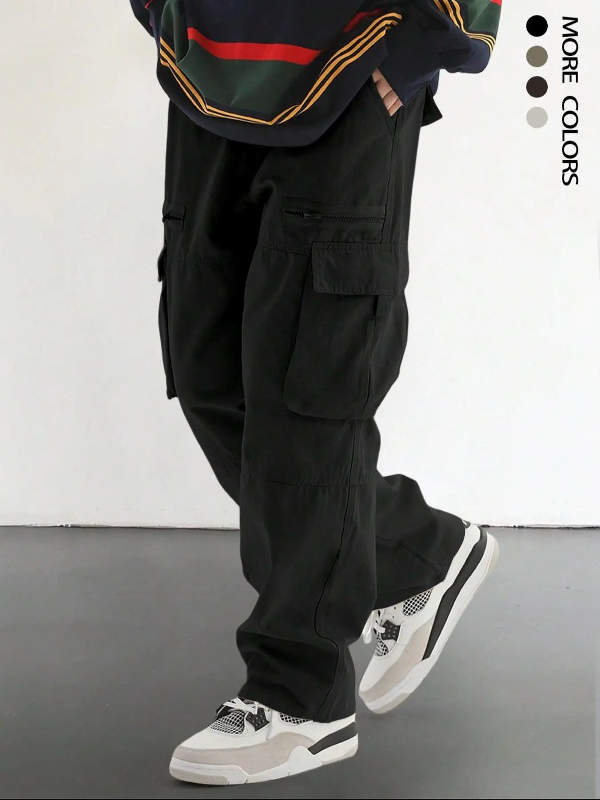 Men's Plain Loose Fitting Drawstring Waist Casual Cargo Pants, Loose Street Fashion Zipper Casual Slant Pocket Trousers, Pants for Men, Summer Work Outfits, Men's Bottoms, Casual Streetwear Trousers, Adjustable Waist Pants