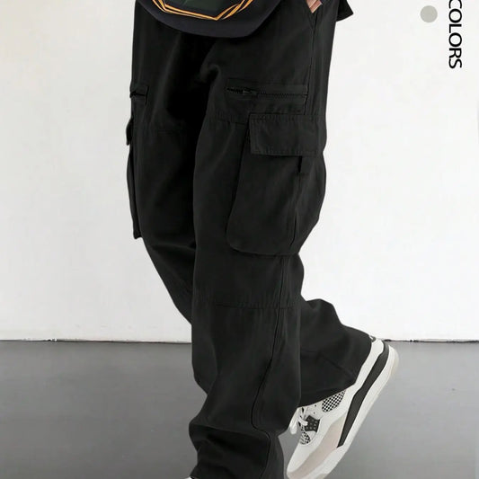 Men's Plain Loose Fitting Drawstring Waist Casual Cargo Pants, Loose Street Fashion Zipper Casual Slant Pocket Trousers, Pants for Men, Summer Work Outfits, Men's Bottoms, Casual Streetwear Trousers, Adjustable Waist Pants