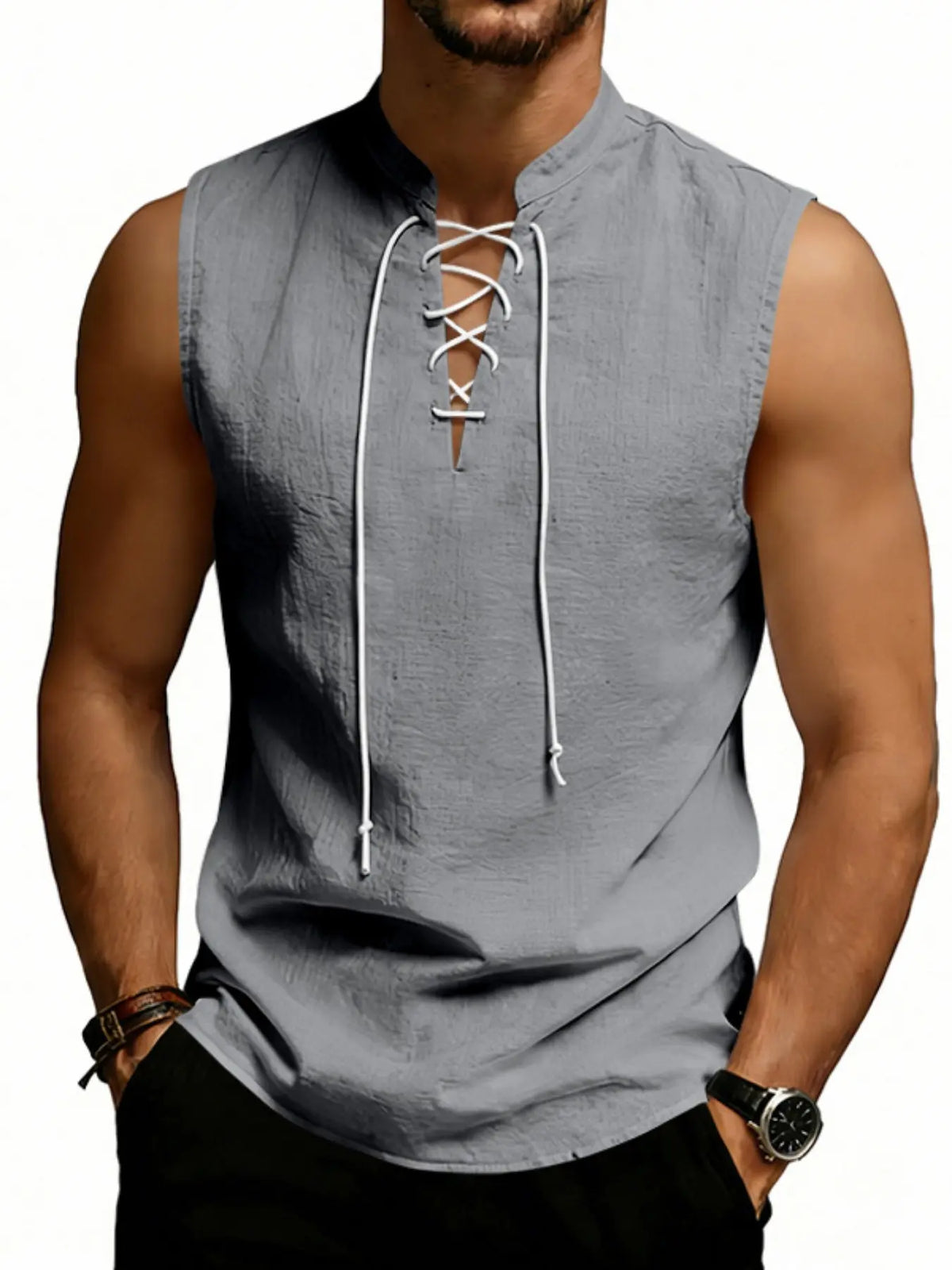 2026 American Summer Loose Men's Viking Medieval Drawstring Linen Breathable Sleeveless Tank Top Vest, Comfortable and Stylish Unisex Design, Loose Fitting Vest