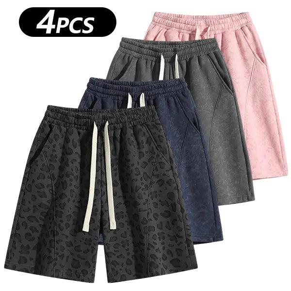 Men's Cotton Blend Sweat Shorts Casual Athletic Lounge, Loose Fit Drawstring with Pockets, Leopard Print Acid Wash, for Summer Workouts, Streetwear & Gym-to-Lounge