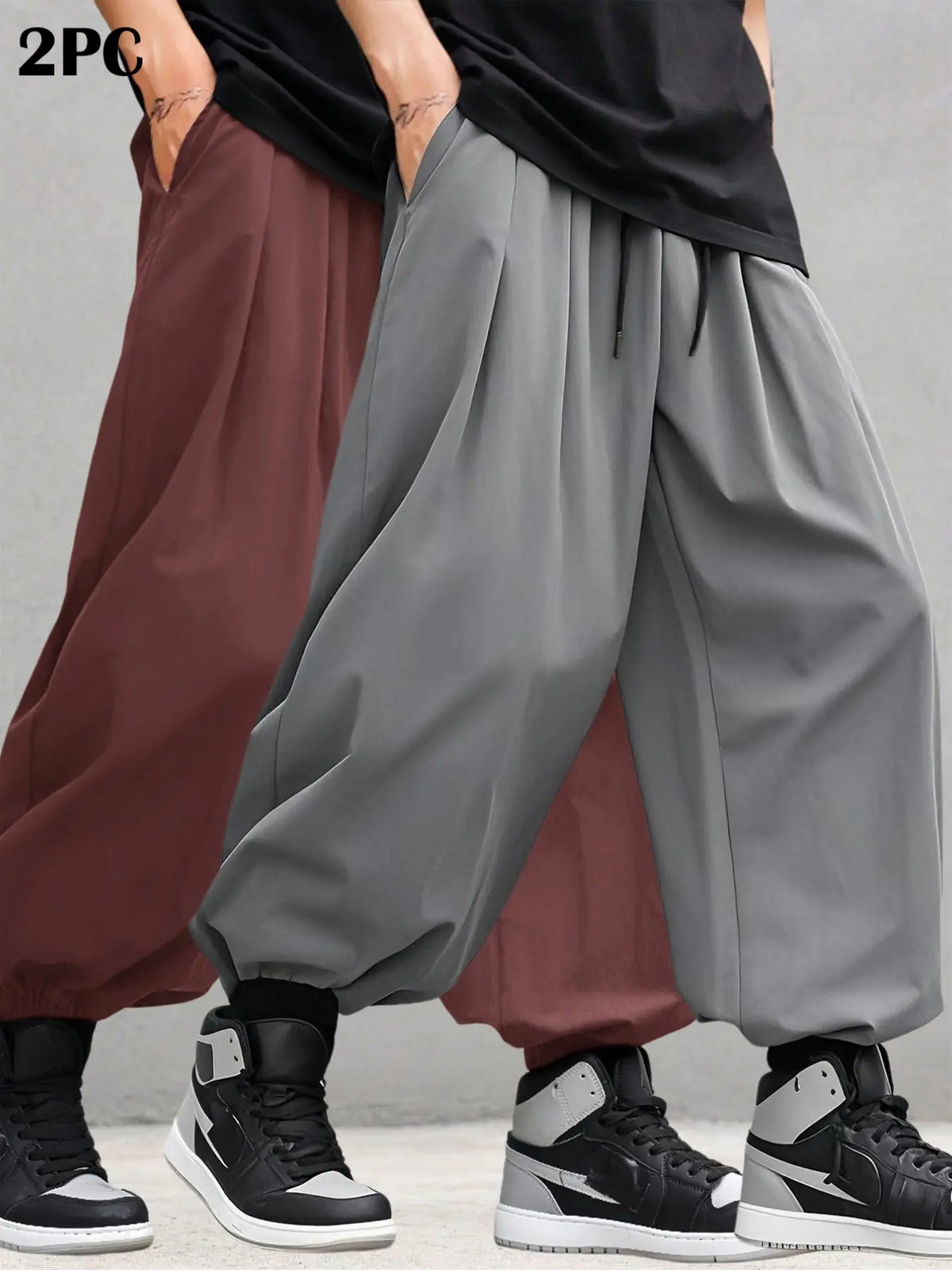 Men's Plain Waist Pants, Loose Fitting Drawstring, Loose Oversized Casual Comfy Breathable Pocket Jogger Pants for Spring & Fall, Fashion Men's Bottoms for Daily Wear