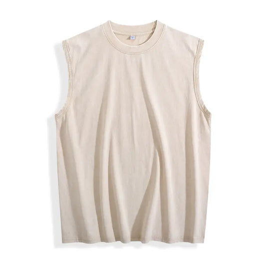 Men's Vintage Stone-Wash 100% Pure Cotton Oversized Solid Tank Top - Casual Aesthetic All-Season Sleeveless Vest with Smooth Ribbed Crewneck, Breathable, Layer-Friendly for Gym, Streetwear