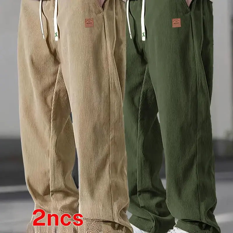 Men's Autumn Corduroy Casual Pants (2 Pairs) - Menswear Plain Trouser, 100% Polyester Clothing, Lightweight Loose Straight-Leg, Drawstring Waist Adapts to Your Fit