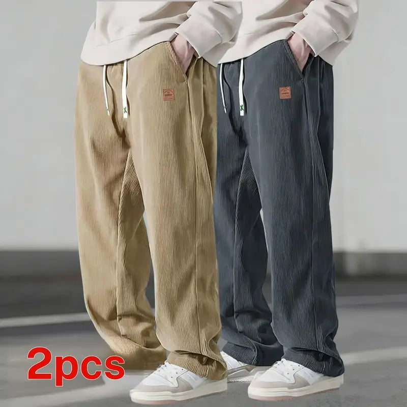 Men's Autumn Corduroy Casual Pants (2 Pairs) - Menswear Plain Trouser, 100% Polyester Clothing, Lightweight Loose Straight-Leg, Drawstring Waist Adapts to Your Fit