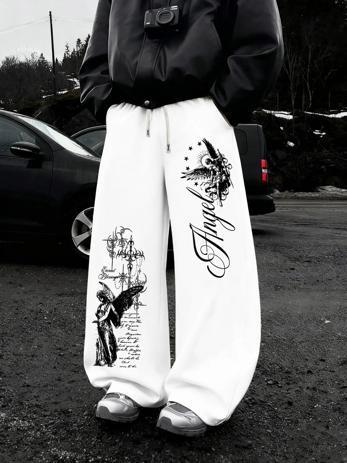 Dark Punk Angel Sword Printed Wide Leg Pants, High Street Drawstring Loose Straight Leg Sweatpants, Casual Lounge Pants for Men and Women, Unisex Spring & Fall Casual Fitted, Casual Streetwear Trousers, Autumn Casual Pants