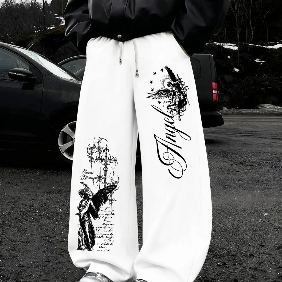 Dark Punk Angel Sword Printed Wide Leg Pants, High Street Drawstring Loose Straight Leg Sweatpants, Casual Lounge Pants for Men and Women, Unisex Spring & Fall Casual Fitted, Casual Streetwear Trousers, Autumn Casual Pants